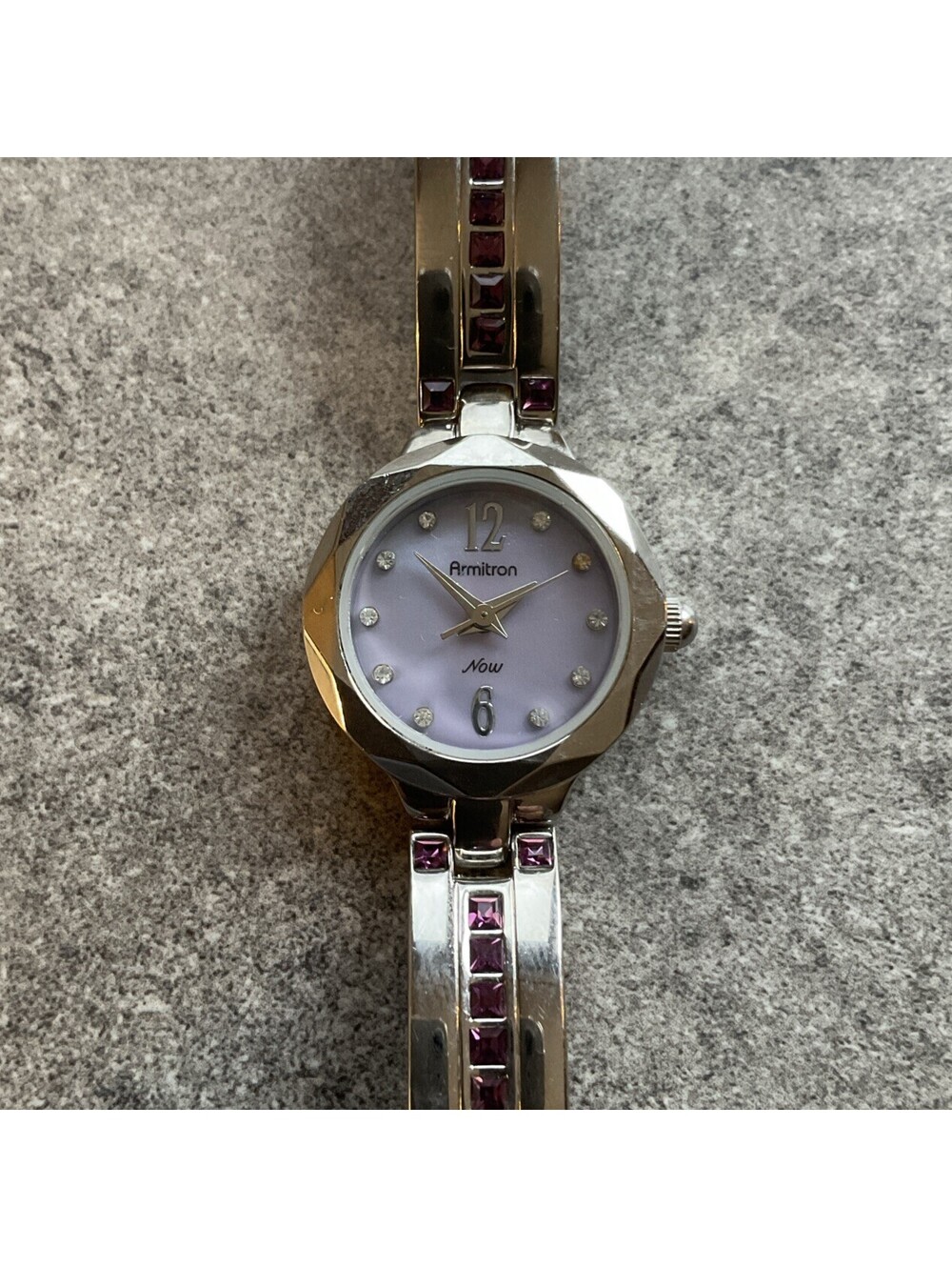 Beautiful Armitron Womens Watch 23mm Silver Tone Case/Band Purple MOP Dial Bin G